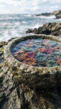 Colorful sea anemones in a natural rock tide pool by the ocean