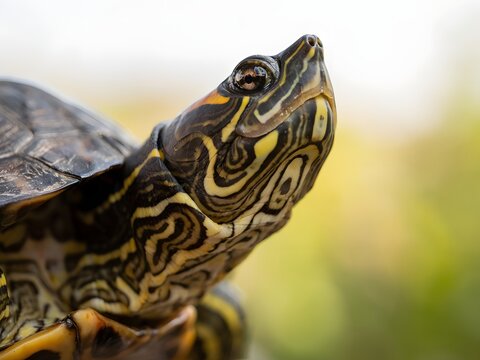 Close-up portrait of a wild patterned turtle head with intricate shell details in natural habitat