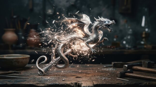 Magical silver dragon sculpture hovering over a rustic wooden workbench
