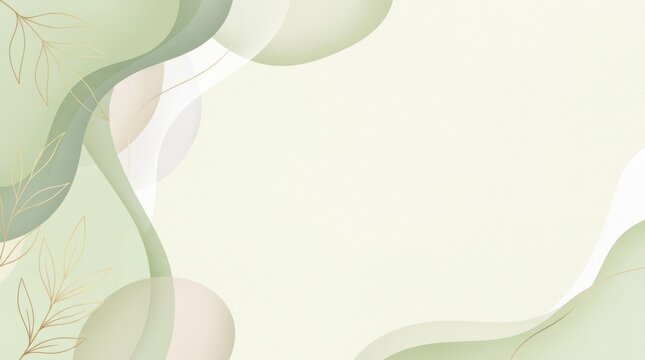 A green and beige abstract background with a floral pattern and a gold leaf design.