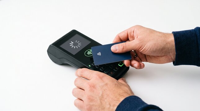 Person using contactless payment with a credit card on a payment terminal with loading icon
