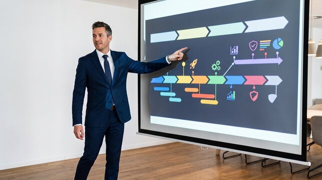 Businessman pointing at a colorful project timeline diagram on a projector screen during a presentation