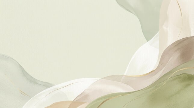 Abstract watercolor background with pastel shades of green, beige, and brown.