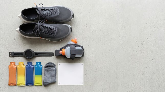 A flat lay of running gear including shoes smartwatch water bottle energy gels and socks
