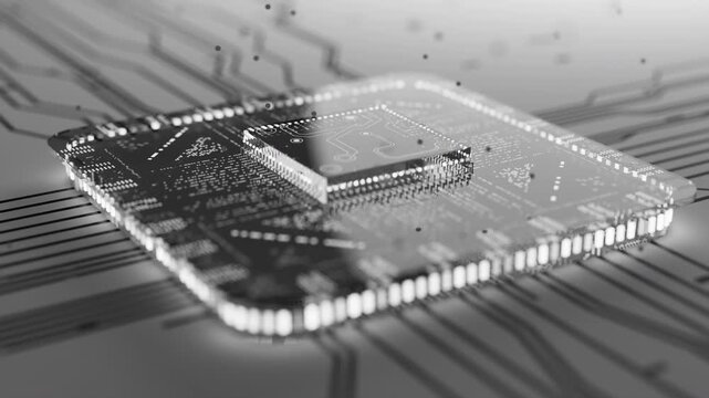 Abstract 3D animation of a transparent glass processor integrated into a circuit board. Modern technology background for AI, computing, electronics, and innovation themes.