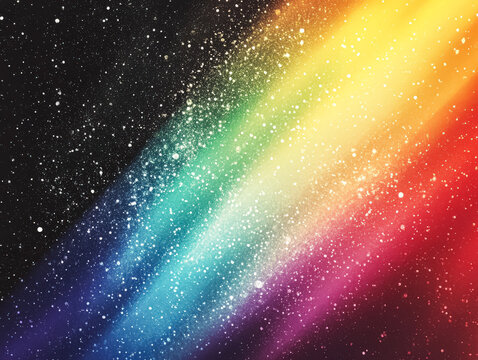Colorful abstract gradient with rainbow hues and grainy texture on a black background, resembling a cosmic skyscape. High detail digital artwork with space for text or design.