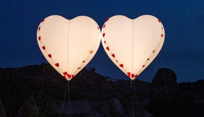 Fototapeta premium Two glowing heart shaped balloons in rocky landscape at night