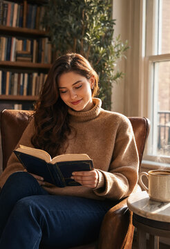 A young woman sits comfortably in a leather armchair, engrossed in a book. Beside a steaming mug by a sunlit window with bookshelves behind. Cozy, peaceful, and warm home reading atmosphere