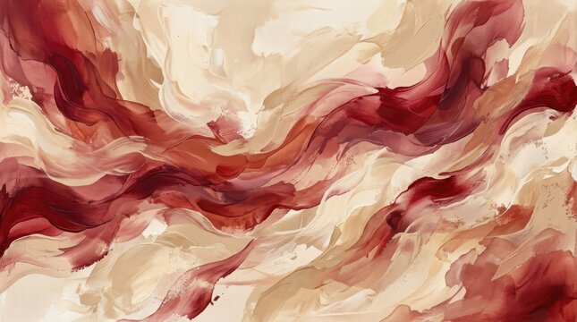 Abstract, fluid, red and beige abstract painting with swirling patterns.