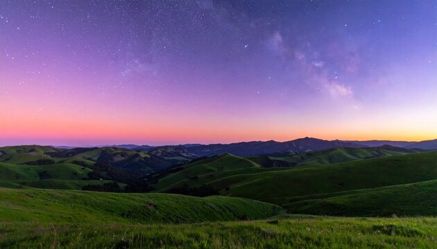 Milky Way galaxy over rolling green hills at twilight
