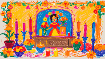 Naklejka premium Colorful crayon drawing of a traditional Día de Muertos altar with candles, marigolds, and a central figure offering flowers.