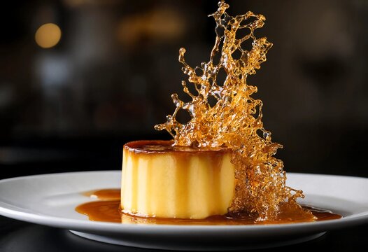 Delicious crme caramel dessert with delicate spun sugar garnish on a white plate