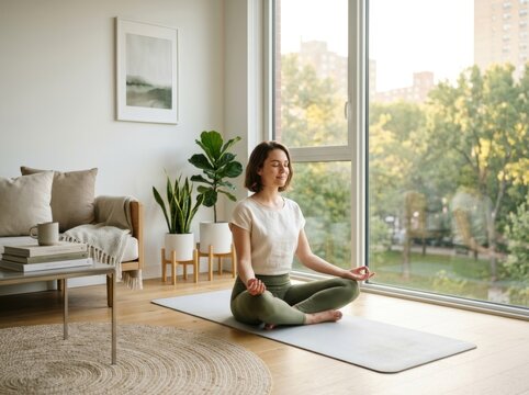 Young woman practicing yoga and meditation in a bright modern living room