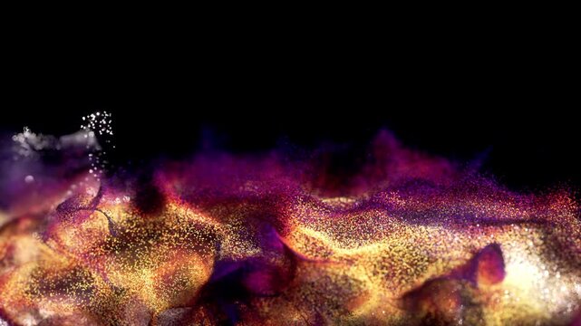 Particles shift and dance across a dark space, creating varying colorful patterns in this abstract background animation