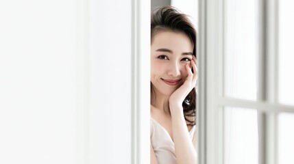 Naklejka premium Young Japanese woman peeking from behind a white wall in a minimal studio setting for a clean concept of curiosity and portrait style advertising.