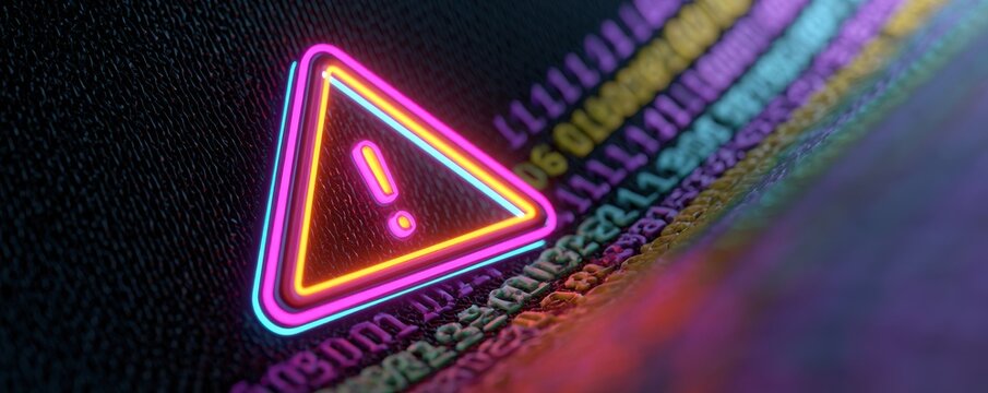 A glowing neon warning triangle sign with an exclamation mark surrounded by abstract digital binary code on dark background
