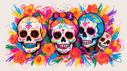 Obraz premium Vibrant illustration of four decorated sugar skulls with colorful flowers and abstract brushstrokes, celebrating Day of the Dead.