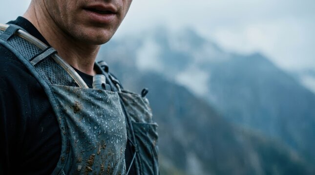 Close up of a person wearing a muddy hydration pack against a misty mountain backdrop