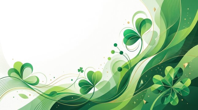 A green and white abstract floral design with three stylized clover leaves and a wave-like pattern in the background.