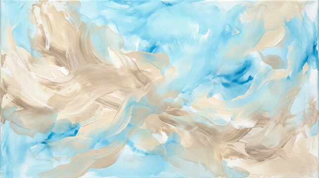 A serene, abstract painting of a blue and white sky with soft, flowing brushstrokes.