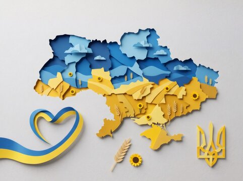 Ukraine map crafted with national colors and symbols