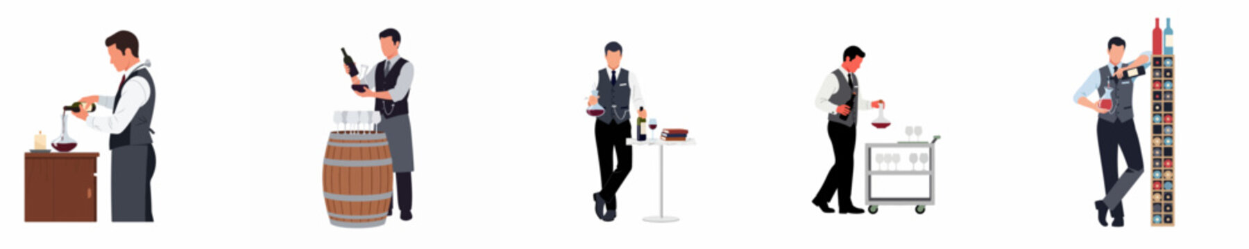 Set of Professional Sommelier and Waiter Characters in Different Poses, Pouring Wine, Holding Bottles, and Standing by Wine Rack, Flat Vector Illustration for Restaurant and Bar Branding