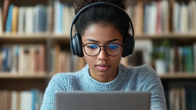 Woman wearing headphones and glasses, using laptop in library setting with bookshelves.