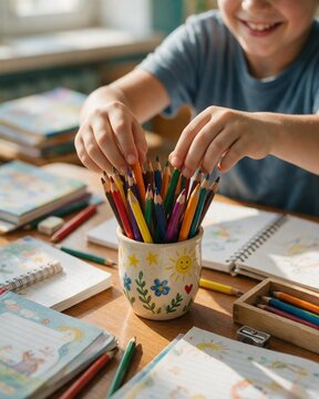 Child picking colorful pencils and crayons in a cup on a wooden desk with sketchbooks. Celebrating Knowledge Day and back to school art education.