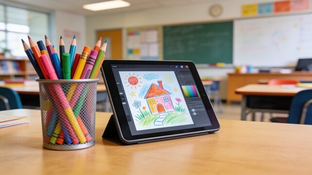 Digital tablet with colorful house drawing next to pencils and crayons in a cup on classroom desk. Knowledge Day and modern back to school concept.