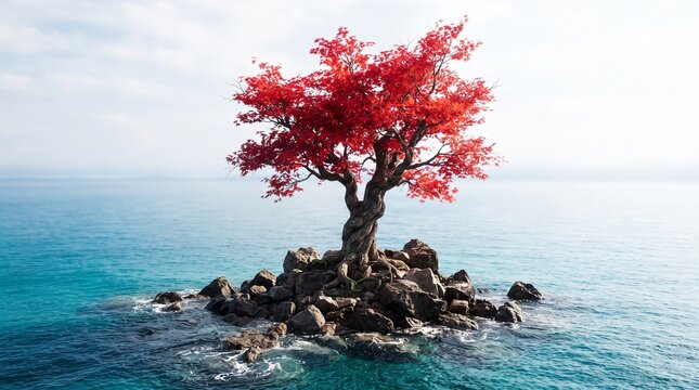 Vibrant red tree on rocky island, surreal lone tree in blue ocean water, fantasy nature landscape with crimson foliage and bright sky