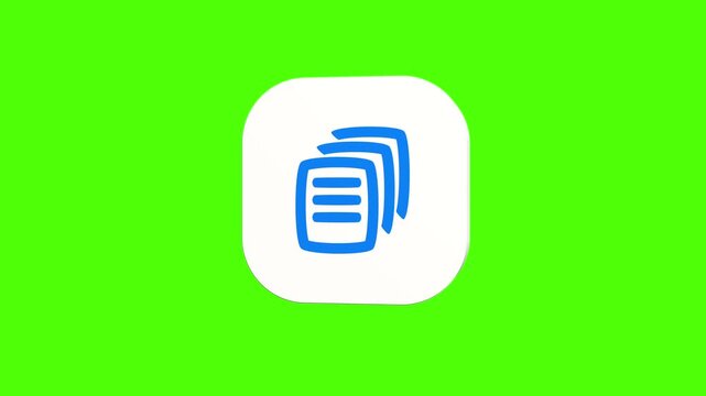 3D animated stacked file documents icon on a white rounded card with a green screen background. Smooth loop motion, perfect for mobile app UI, paper archive, and video editing elements.