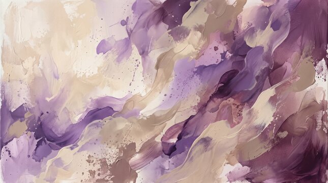 Abstract watercolor painting with a mix of purple, beige, and brown hues, featuring a flowing, organic style.