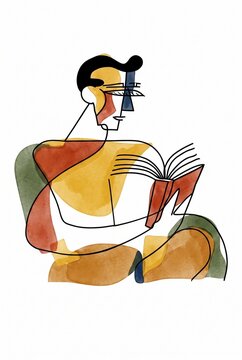 Minimalist abstract line art illustration of a man reading a book in watercolor tones
