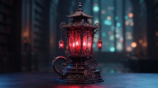 Ornate gothic lantern with red glowing light, vintage metal lamp on table, mystical dark fantasy atmosphere in library