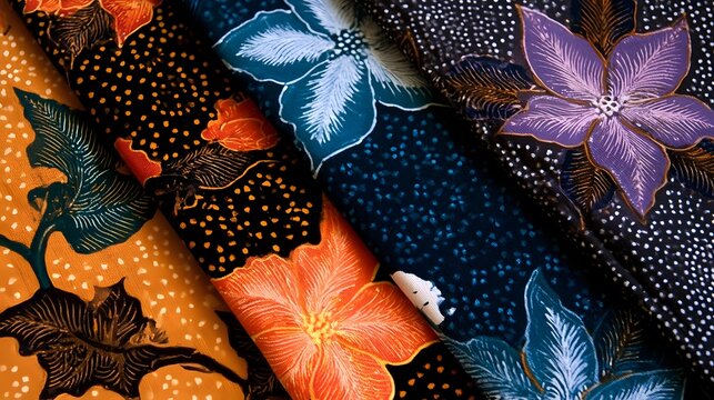 Vibrant batik fabrics with floral motifs and dot patterns arranged in overlapping folds showcasing rich textile ry