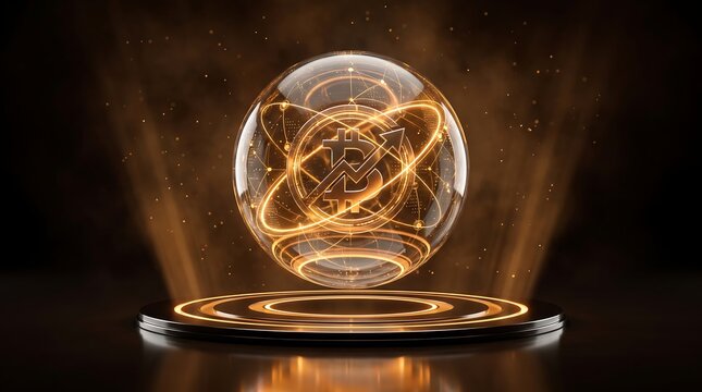 Golden Bitcoin Symbol Floating Inside Glass Sphere with Glowing Network Orbit Rings on Podium, 3D Cryptocurrency Growth and Blockchain Technology Concept