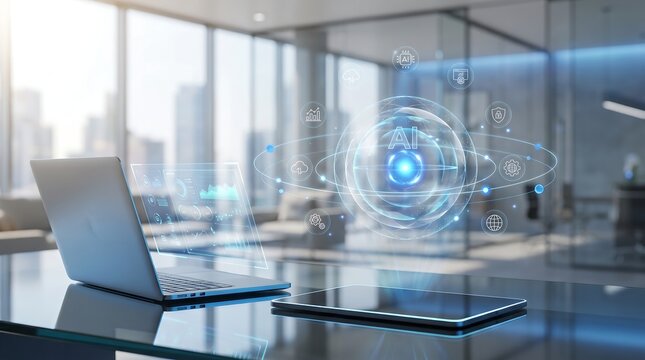 Artificial Intelligence Hologram Sphere with AI Text Floating Above Laptop and Tablet in Modern Office, Business Technology Data Analytics Dashboard Concept