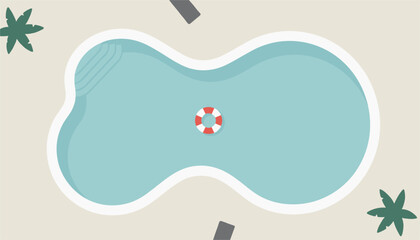Naklejka premium Overhead top view of a curved outdoor swimming pool with a red and white lifebuoy