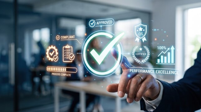 Businessman touching holographic approved checkmark, performance excellence, certified compliant process complete, digital approval interface in modern office environment