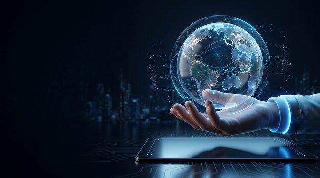 Robot Hand Holding Digital Global Network Earth Hologram Above Tablet, Futuristic Artificial Intelligence and Global Technology Connection Concept