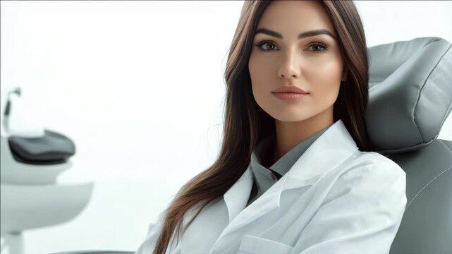 A professional woman with long brown hair wearing a lab coat and a serious expression. She is seated in front of an advanced piece of medical equipment.