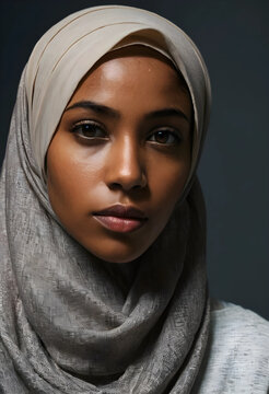 Close up portrait of a young somali woman wearing a beige and gray hijab, looking directly at the camera