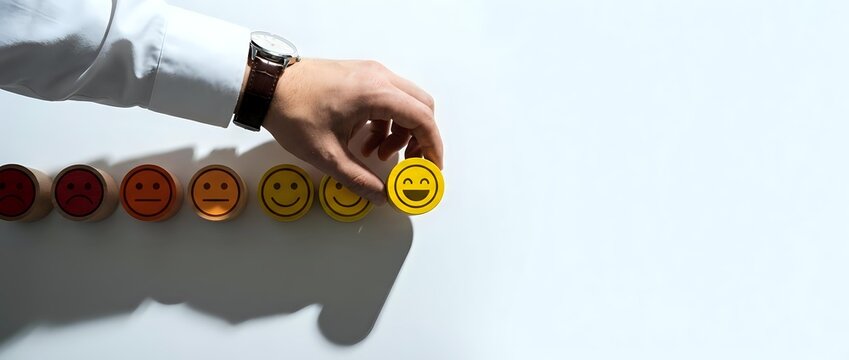 Hand selecting bright yellow smiley face from row of emotion feedback icons ranging from angry to happy, representing customer satisfaction, service quality rating and positive experience.