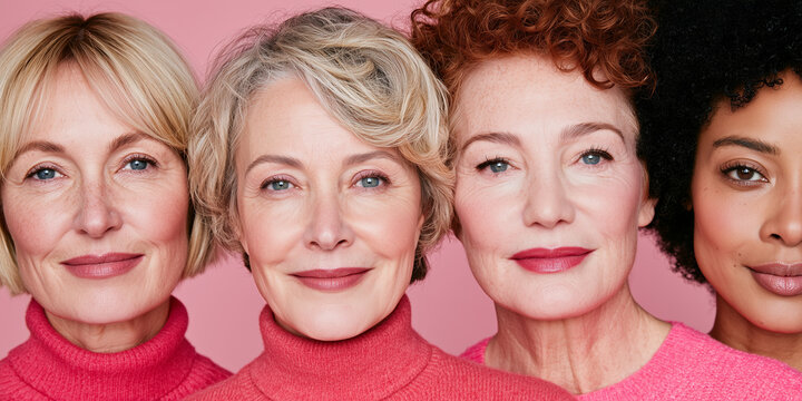 Diverse women with different hairstyles standing together in a confident beauty portrait.