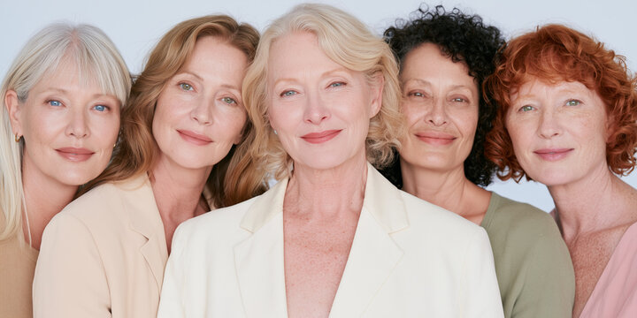Five diverse women with different hairstyles standing together in a supportive beauty portrait
