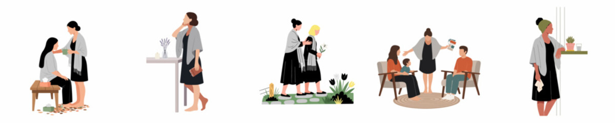 Obraz premium Set of Minimalist Flat Vector Illustrations Depicting Women in Daily Life Activities, Including Skincare Routines, Socializing with Friends, Home Wellness, and Personal Grooming Scenes