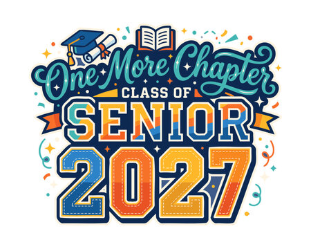 Colorful graduation design for class of 2027 featuring a mortarboard cap and open book typography art illustration