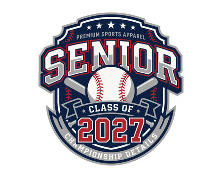 Vintage baseball sports emblem design for senior class of 2027 featuring a ball and crossed bats illustration