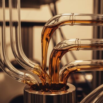 Copper piping system with amber liquid flowing during alcohol distillation process in distillery
