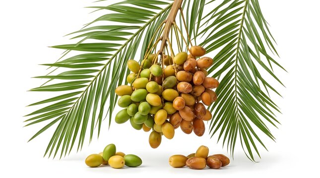 Fresh raw dates hanging on a palm frond branch isolated on white background
